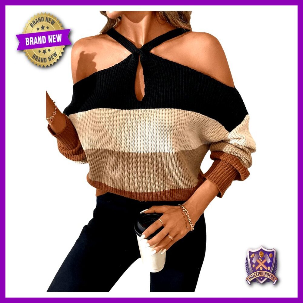 Cold Shoulder Pullover Sweater Color Block Knit Top Long Sleeve